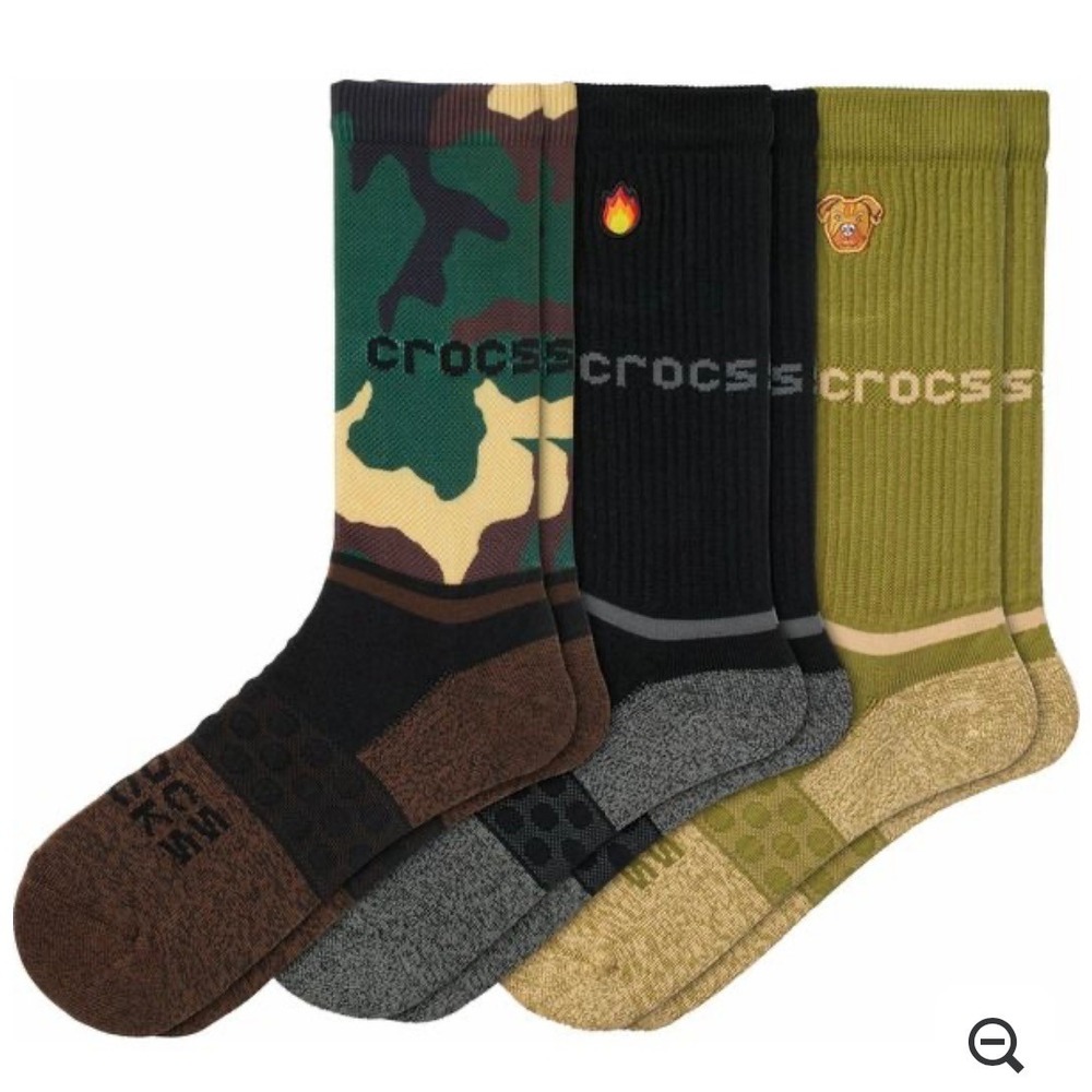 Crocs Crew Socks Adult Small 3-Pack Camo Black Olive NEW 207852-0DQ-S